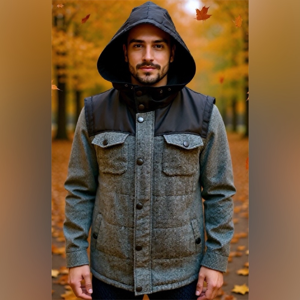 Men's Black and Gray Hooded Vest With Pockets